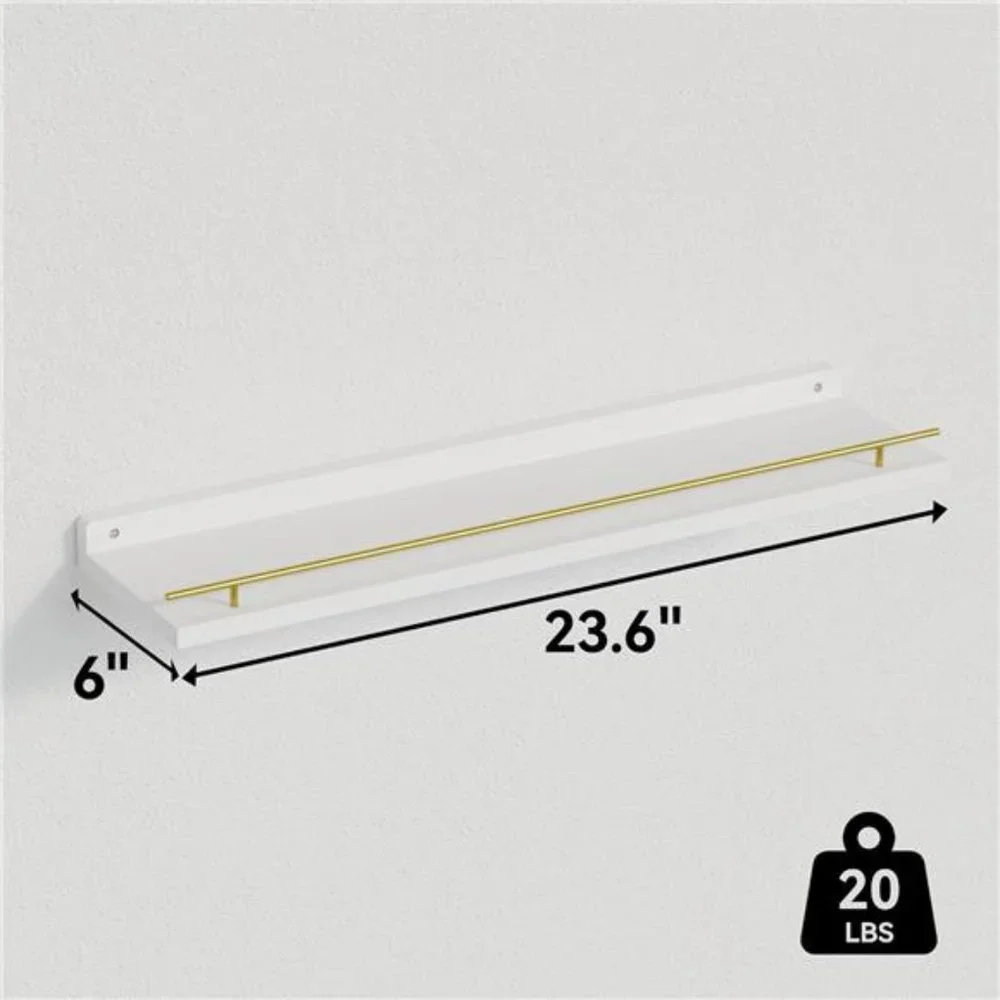 Floating Shelves 24 inches with‎ Gold Metal Guardrail, Wall Decor Set of 3